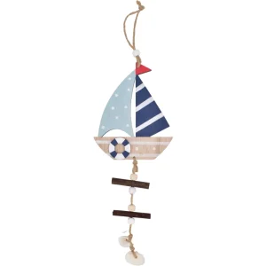 HANGING WOODEN BOAT WITH SEA SHELLS